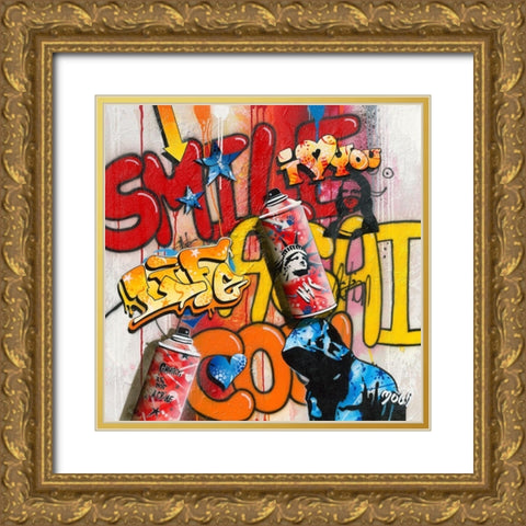 SMILE AGAIN GRAFFITY Gold Ornate Wood Framed Art Print with Double Matting by Moega