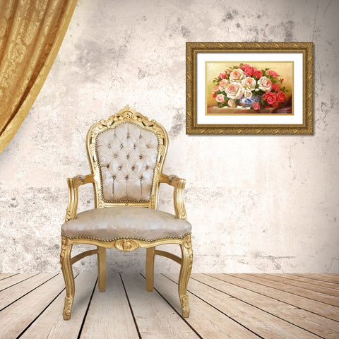 RED WHITE ROSES Gold Ornate Wood Framed Art Print with Double Matting by Dvoretskiy, Petrovich