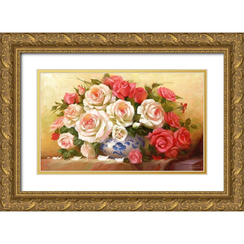 RED WHITE ROSES Gold Ornate Wood Framed Art Print with Double Matting by Dvoretskiy, Petrovich