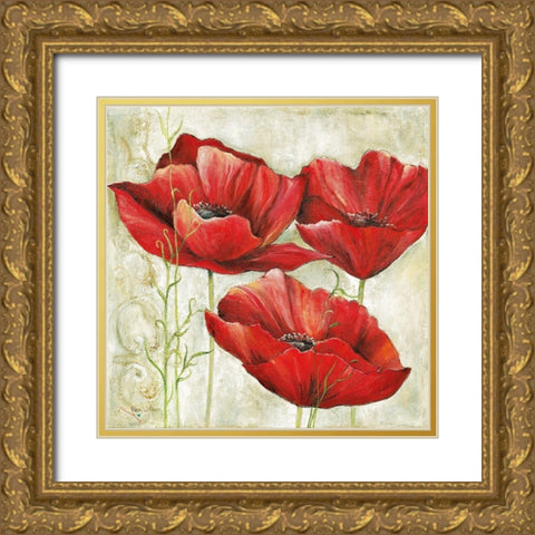 THREE RED POPPIES I Gold Ornate Wood Framed Art Print with Double Matting by Field, Anna