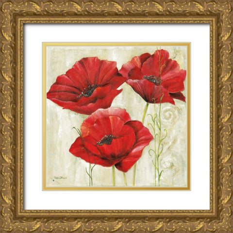 THREE RED POPPIES II Gold Ornate Wood Framed Art Print with Double Matting by Field, Anna