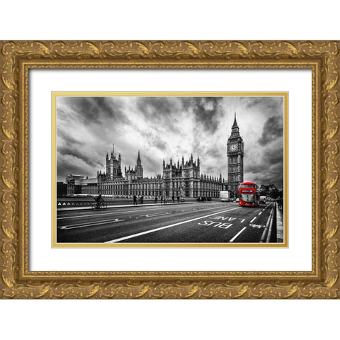London Doubledecker Gold Ornate Wood Framed Art Print with Double Matting by Kostka, Vladimir