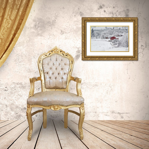 Dreamy Winter Farm Gold Ornate Wood Framed Art Print with Double Matting by Kostka, Vladimir