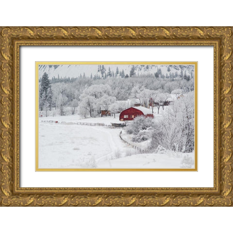 Dreamy Winter Farm Gold Ornate Wood Framed Art Print with Double Matting by Kostka, Vladimir