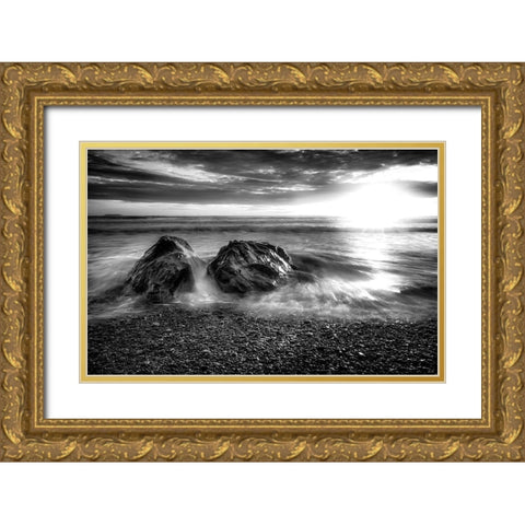 SUNSET OCEAN BW Gold Ornate Wood Framed Art Print with Double Matting by Kostka, Vladimir