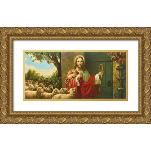 EINE HERDE UND EIN HIRTE Gold Ornate Wood Framed Art Print with Double Matting by Giovanni