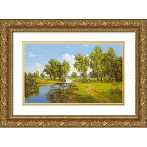 BRIDGE OVER BROOK Gold Ornate Wood Framed Art Print with Double Matting by Slava