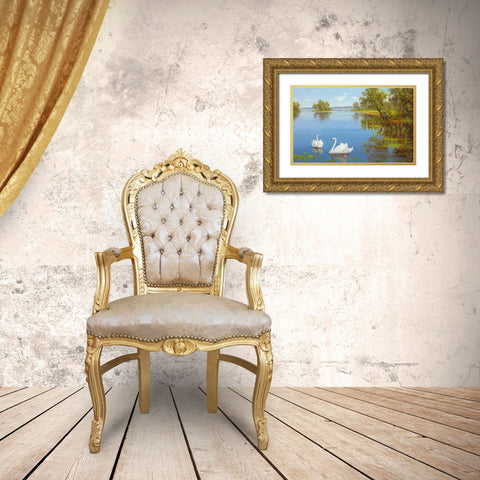 SWANS ON THE LAKE Gold Ornate Wood Framed Art Print with Double Matting by Slava