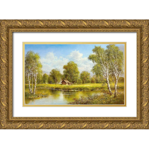 COTTAGE AT THE LAKE Gold Ornate Wood Framed Art Print with Double Matting by Glassl, Helmut