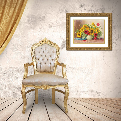 POPPIES AND SUNFLOWERS Gold Ornate Wood Framed Art Print with Double Matting by Krueger, E.