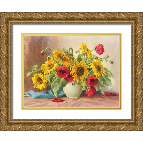 POPPIES AND SUNFLOWERS Gold Ornate Wood Framed Art Print with Double Matting by Krueger, E.
