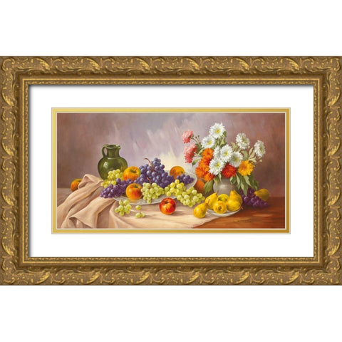 FRUIT Still-Life Gold Ornate Wood Framed Art Print with Double Matting by Krueger, E.