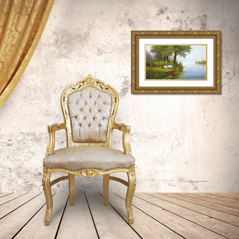 SWANS AT THE POND I Gold Ornate Wood Framed Art Print with Double Matting by Slava