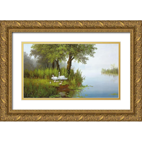 SWANS AT THE POND I Gold Ornate Wood Framed Art Print with Double Matting by Slava
