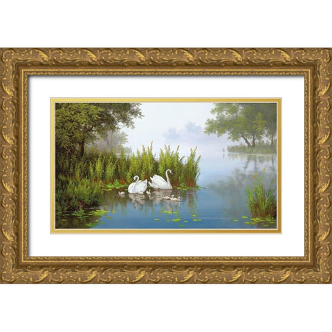 SWANS AT THE POND II Gold Ornate Wood Framed Art Print with Double Matting by Slava
