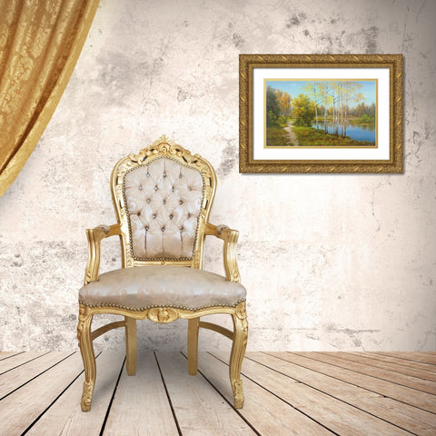 LIGHT IN THE FOREST Gold Ornate Wood Framed Art Print with Double Matting by Slava