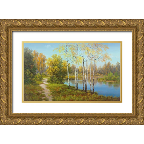 LIGHT IN THE FOREST Gold Ornate Wood Framed Art Print with Double Matting by Slava