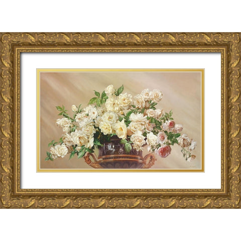 WHITE ROSES Gold Ornate Wood Framed Art Print with Double Matting by Buzin, Igor