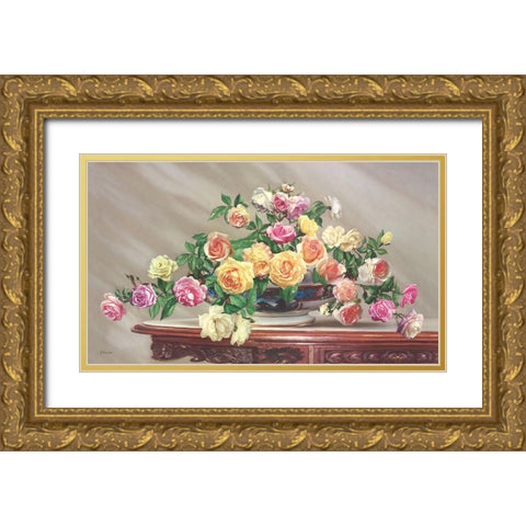 BOUQUET OF ROSES Gold Ornate Wood Framed Art Print with Double Matting by Buzin, Igor