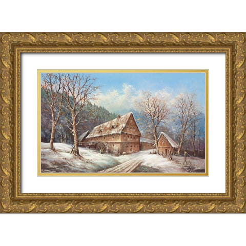 ROMANTIC MILL IN WINTER Gold Ornate Wood Framed Art Print with Double Matting by Glassl, Helmut