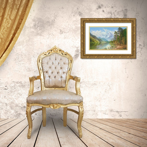 SWAN FAMILY IN SPRINGTIME Gold Ornate Wood Framed Art Print with Double Matting by Glassl, Helmut