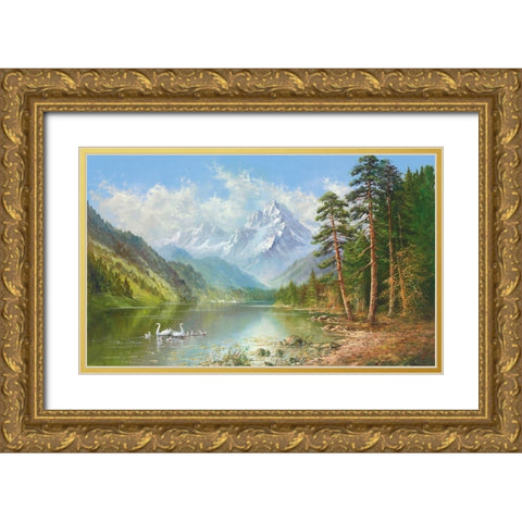 SWAN FAMILY IN SPRINGTIME Gold Ornate Wood Framed Art Print with Double Matting by Glassl, Helmut