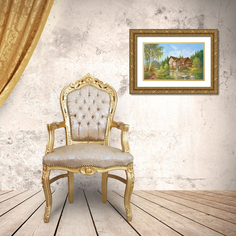Mill With Swans Gold Ornate Wood Framed Art Print with Double Matting by Glassl, Helmut