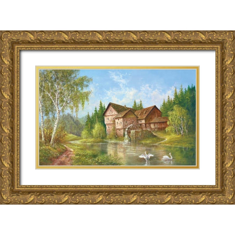 Mill With Swans Gold Ornate Wood Framed Art Print with Double Matting by Glassl, Helmut