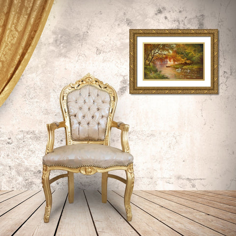 Swan Family In Autumn Gold Ornate Wood Framed Art Print with Double Matting by Glassl, Helmut