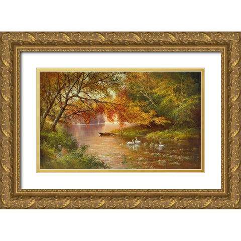 Swan Family In Autumn Gold Ornate Wood Framed Art Print with Double Matting by Glassl, Helmut