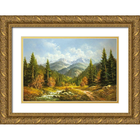 BROOK IN THE MOUNTAINS Gold Ornate Wood Framed Art Print with Double Matting by Glassl, Helmut