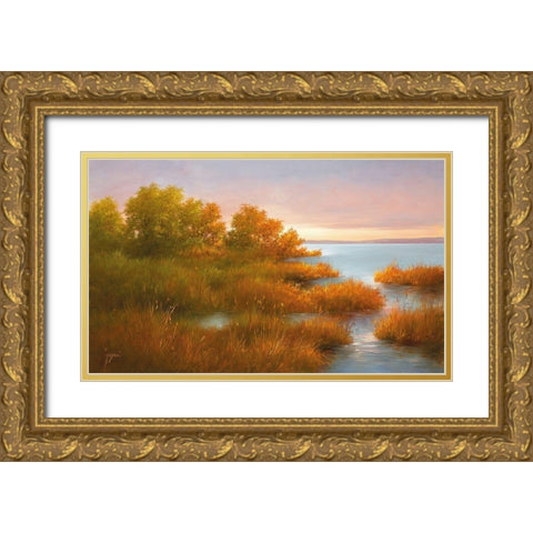 MISTY LAKE II Gold Ornate Wood Framed Art Print with Double Matting by Fasani