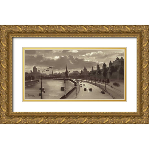 The Moscow Kremlin River Walk Gold Ornate Wood Framed Art Print with Double Matting by Ryazanov