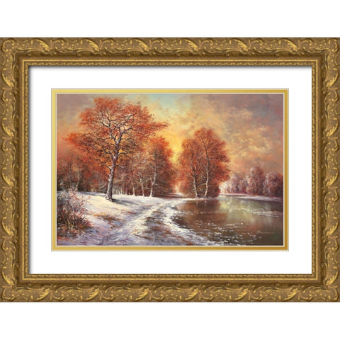 WINTER IN THE TAIGA Gold Ornate Wood Framed Art Print with Double Matting by Buchner, H.