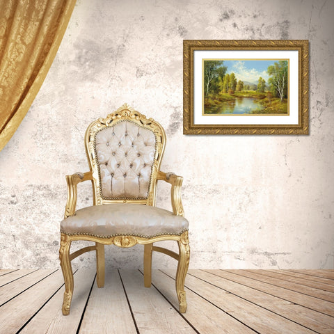 A RIVER Landscape Gold Ornate Wood Framed Art Print with Double Matting by Buchner, H.