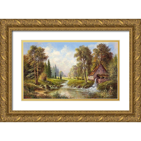 OLD MILL Gold Ornate Wood Framed Art Print with Double Matting by Buchner, H.