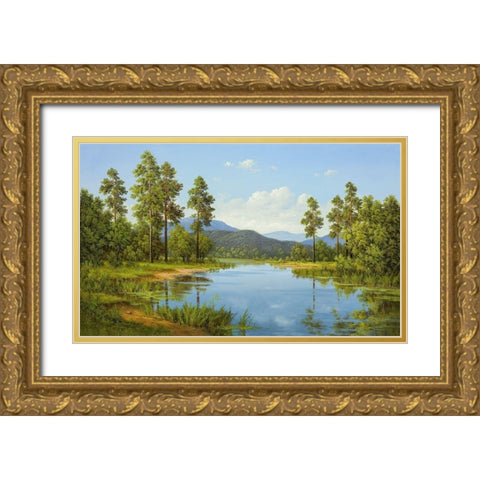 HIDDEN LAKE Gold Ornate Wood Framed Art Print with Double Matting by Slava