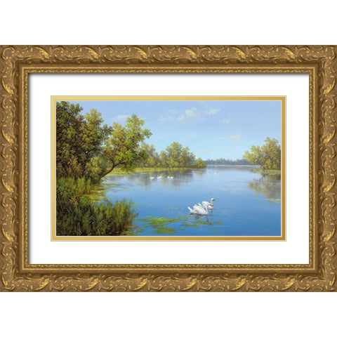 RIVER WITH SWANS II Gold Ornate Wood Framed Art Print with Double Matting by Slava