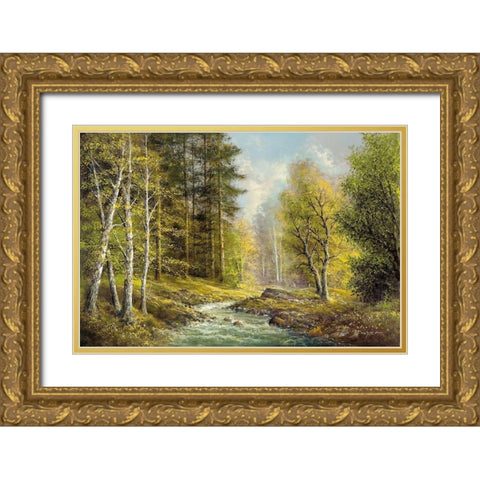 BROOK IN THE VALLEY Gold Ornate Wood Framed Art Print with Double Matting by Buchner, H.