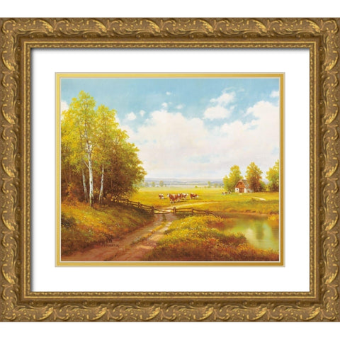 COWS AT PASTURE Gold Ornate Wood Framed Art Print with Double Matting by Weber, Max
