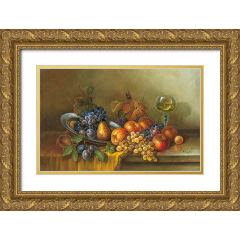 FRUITS AND A GLASS OF WINE Gold Ornate Wood Framed Art Print with Double Matting by Pila