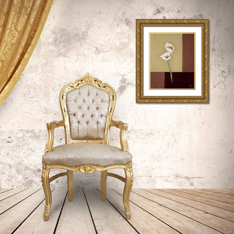 Calla lilly on brown Gold Ornate Wood Framed Art Print with Double Matting by Hedy