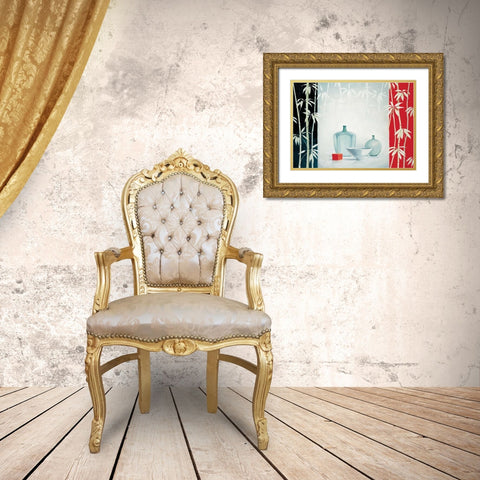 Bamboo and bowls I Gold Ornate Wood Framed Art Print with Double Matting by Renee