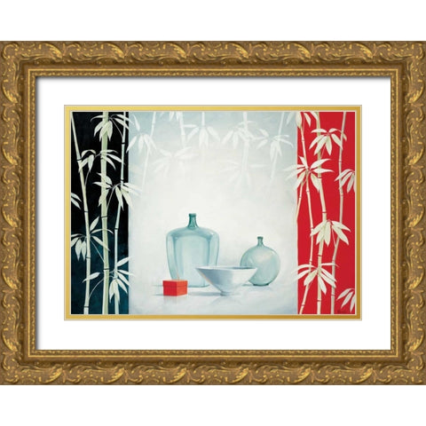 Bamboo and bowls I Gold Ornate Wood Framed Art Print with Double Matting by Renee