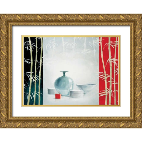Bamboo and bowls II Gold Ornate Wood Framed Art Print with Double Matting by Renee