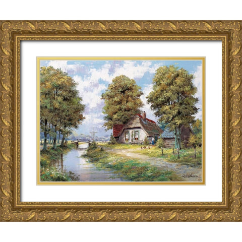 Farmhouse near river Gold Ornate Wood Framed Art Print with Double Matting by Withaar, Reint