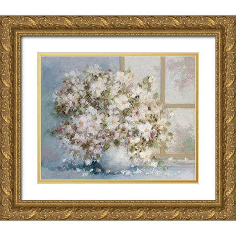 White flowers in vase Gold Ornate Wood Framed Art Print with Double Matting by van de Poel, Theo