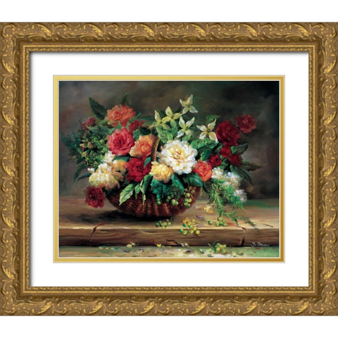 Flowers in basket Gold Ornate Wood Framed Art Print with Double Matting by Stevens, Jo