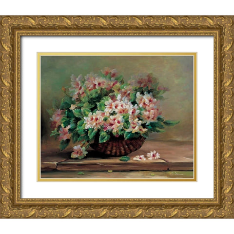 Pink flowers in basket Gold Ornate Wood Framed Art Print with Double Matting by Stevens, Jo