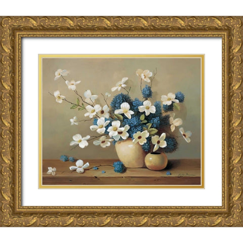White and blue bouquet Gold Ornate Wood Framed Art Print with Double Matting by Bradshaw, Zeke